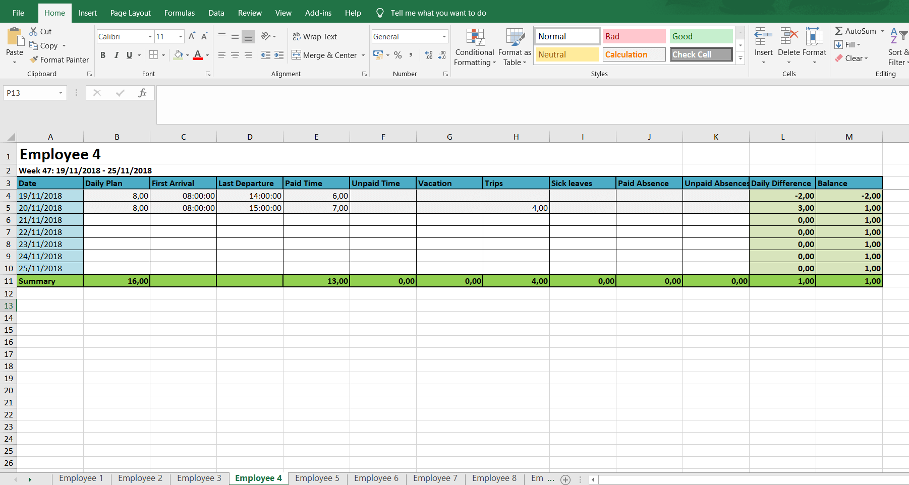 weekly work schedule template with hours tally